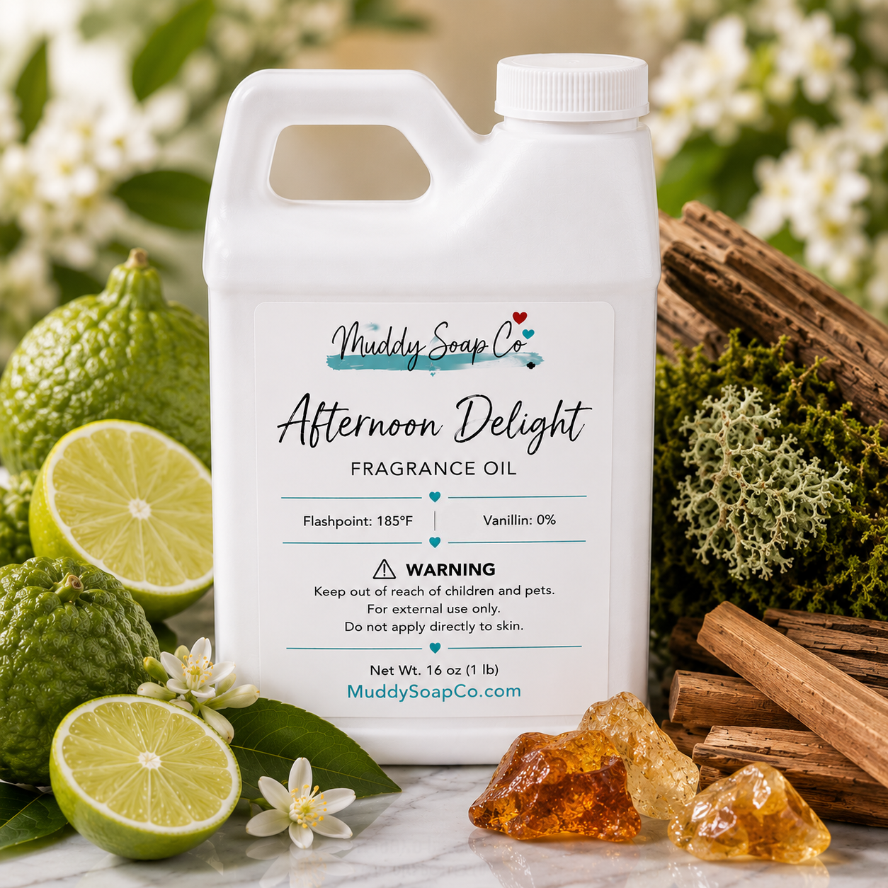 White F-style bottle of Afternoon Delight Fragrance Oil by Muddy Soap Co displayed with fresh limes, bergamot-inspired citrus, moss, teakwood, sandalwood, and warm amber on a white marble surface.