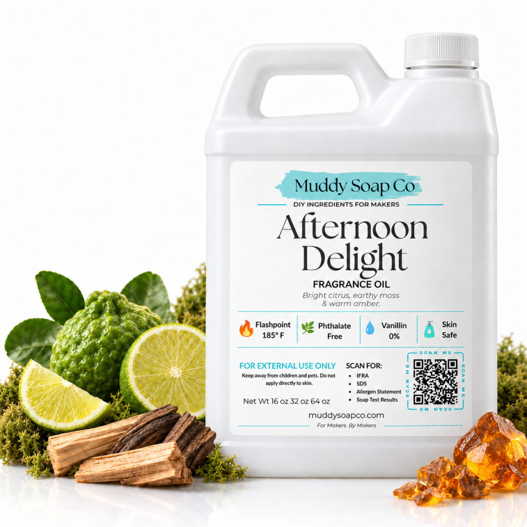 Afternoon Delight fragrance oil in a white F-style jug with a white cap, surrounded by citrus, moss, wood and amber.