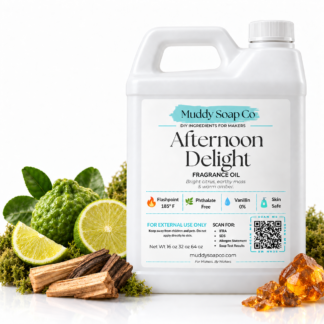 Afternoon Delight fragrance oil in a white F-style jug with a white cap, surrounded by citrus, moss, wood and amber.