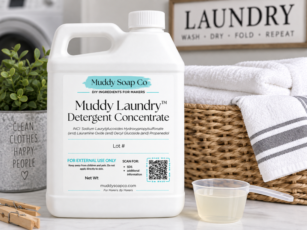 White F-style jug of Muddy Laundry Detergent Concentrate with Muddy Soap Co. label, shown beside a measuring scoop, wicker laundry basket, folded white towels, and clothespins.