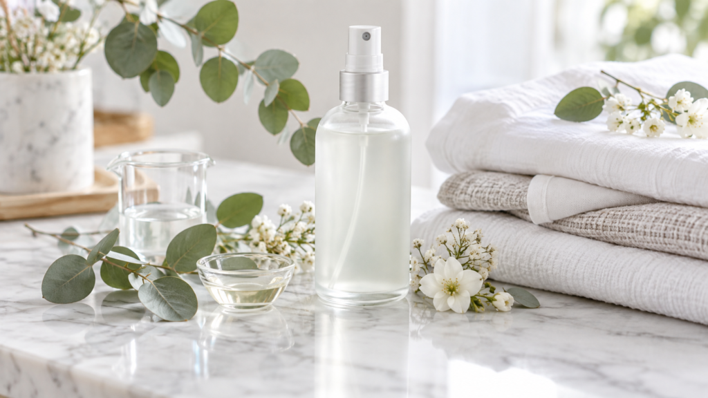 Room and linen deodorizing spray bottle with eucalyptus, folded linens, and floral accents