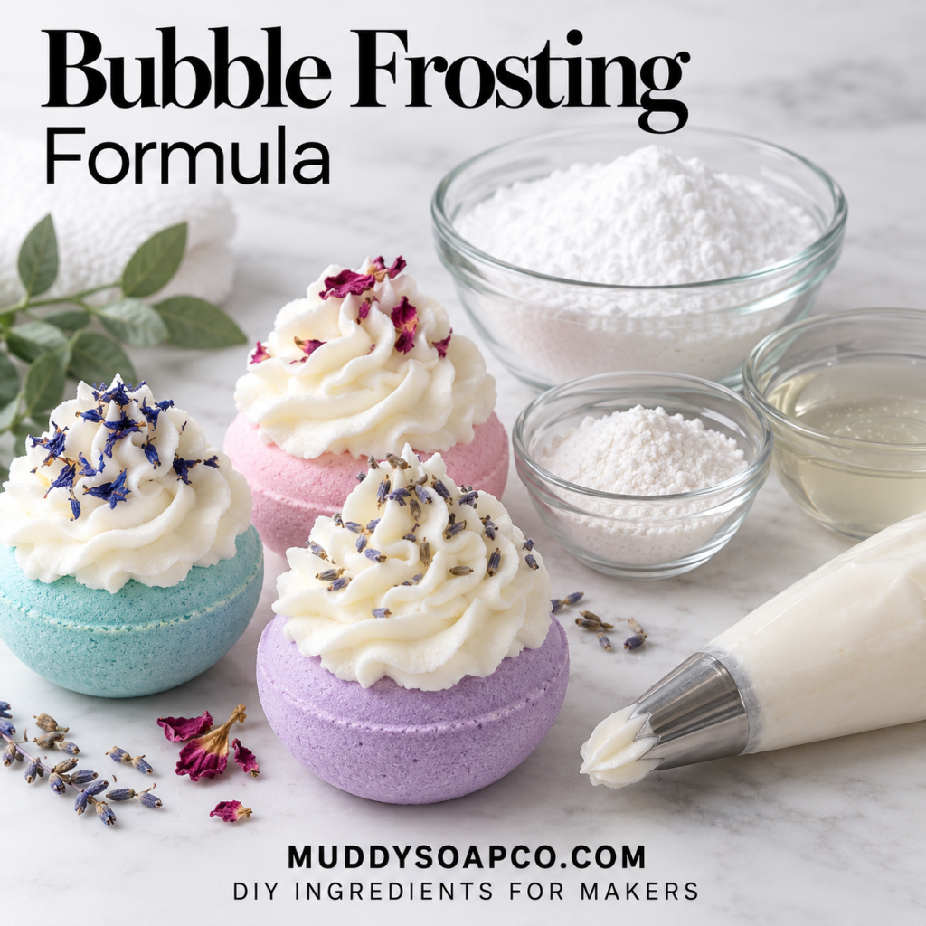 Bubble Frosting Formula for piped bath bomb toppings from Muddy Soap Co.