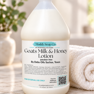 Gallon jug of Goats Milk Lotion Paraben Free by Debs Oils for Muddy Soap Co.