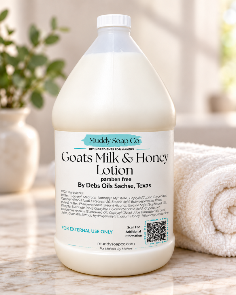 Gallon jug of Goats Milk Lotion Paraben Free by Debs Oils for Muddy Soap Co.