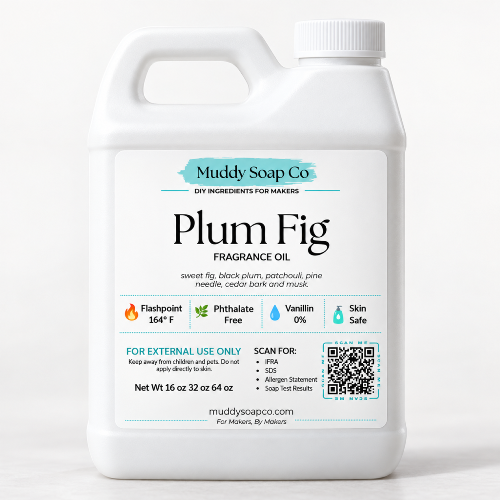 Plum Fig fragrance oil in a white F-style jug with a white cap and Muddy Soap Co. label.