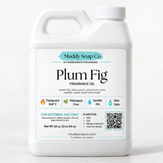 Plum Fig fragrance oil in a white F-style jug with a white cap and Muddy Soap Co. label.